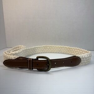 Beige Woven Stretch Brown Leather Belt Unisex Men's Women's Classic Size 26 W